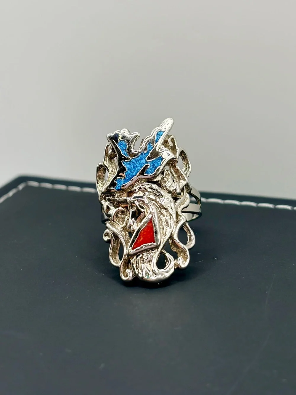 Tribal Silver Plated Statement Ring with Turquoise and Coral Accents